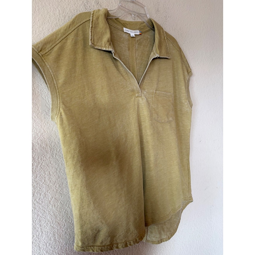 Jane + Delancey Mustard Yellow Acid Wash Split Back Sleeveless Polo Top Large - Picture 2 of 9